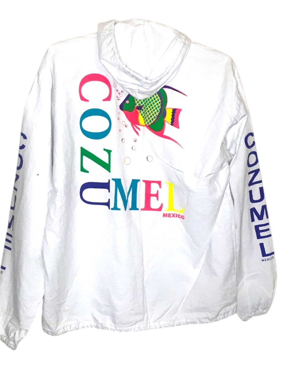 Vintage Cozumel Mexico Windbreaker Jacket Graphic Fish Print S/M Zip Hoodie